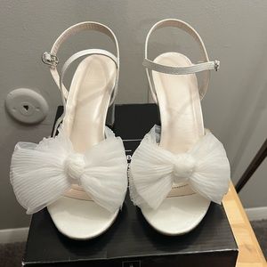 Bridal Shoes Heels Size 8—David’s Bridal pleated chiffon bow mid-heel sandals